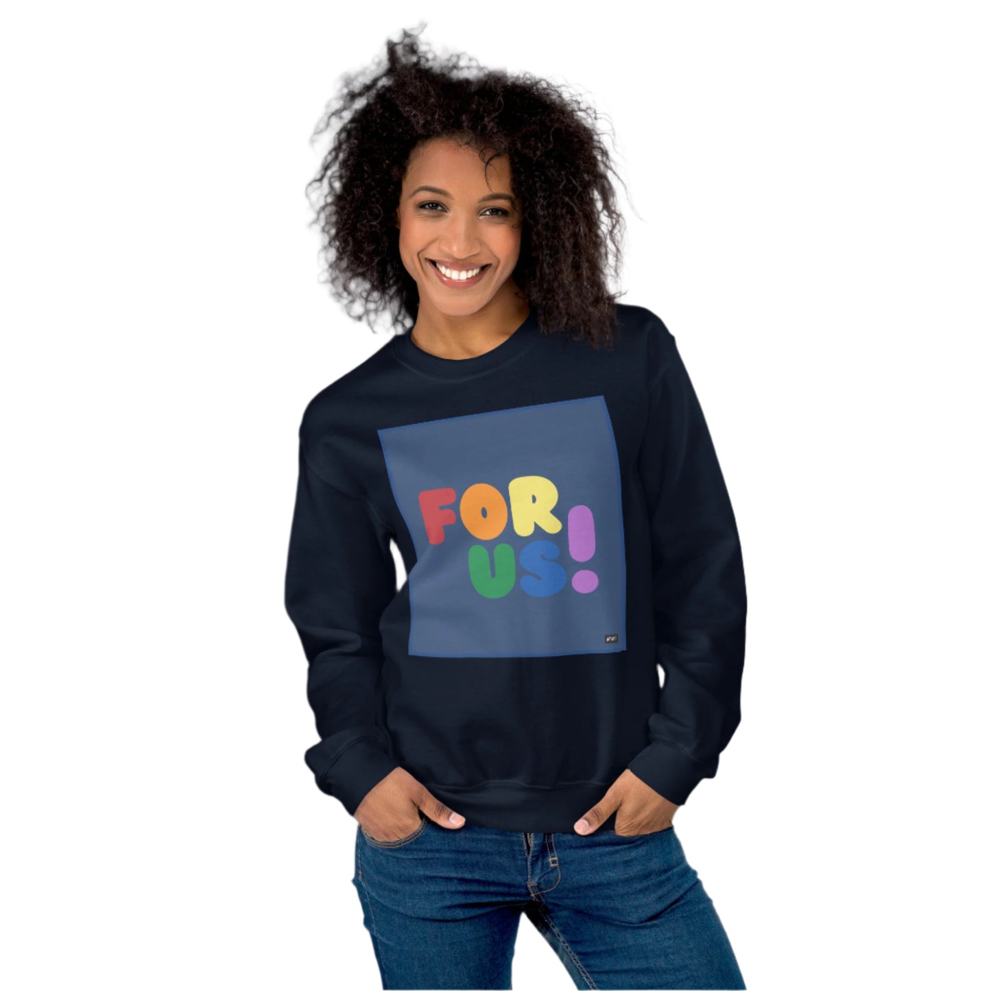 Woman wearing the Rainbow For Us Unisex Crew Neck Sweatshirt in Navy Blue - The APWT Gift Shop