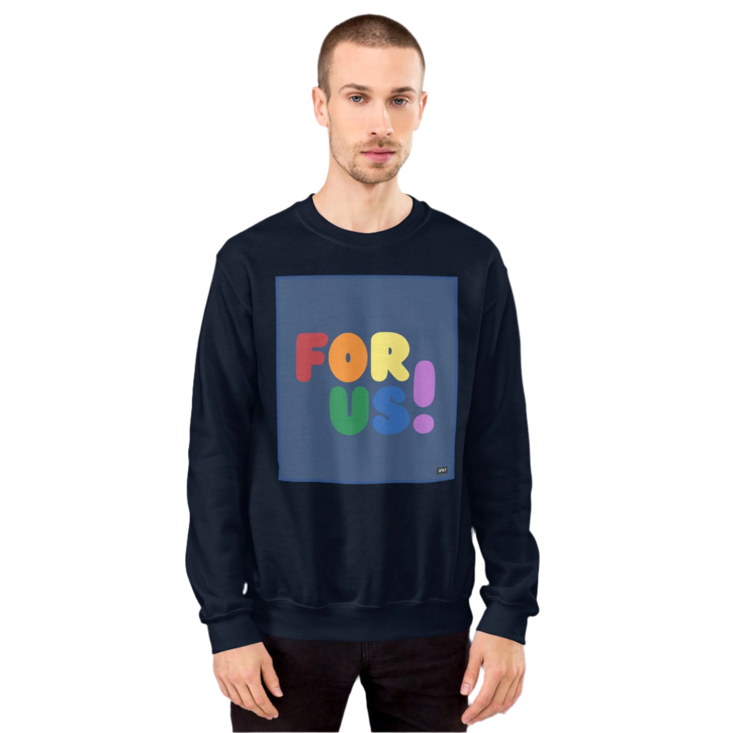 Man wearing the Rainbow For Us Unisex Crew Neck Sweatshirt in Navy Blue - The APWT Gift Shop