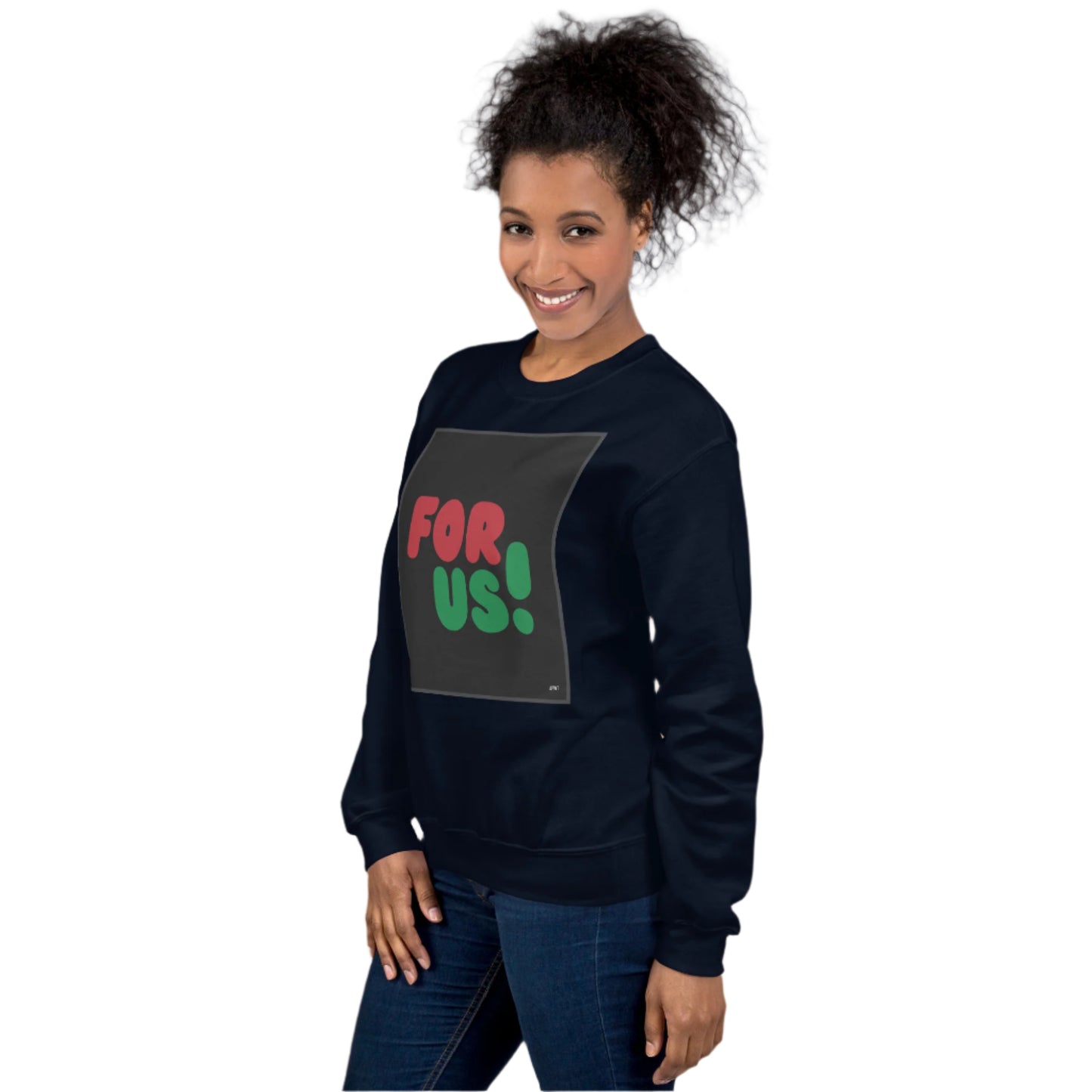 Woman wearing the For Us in Black Unisex Crew Neck Sweatshirt in Navy Blue (2 of 2) - The APWT Gift Shop