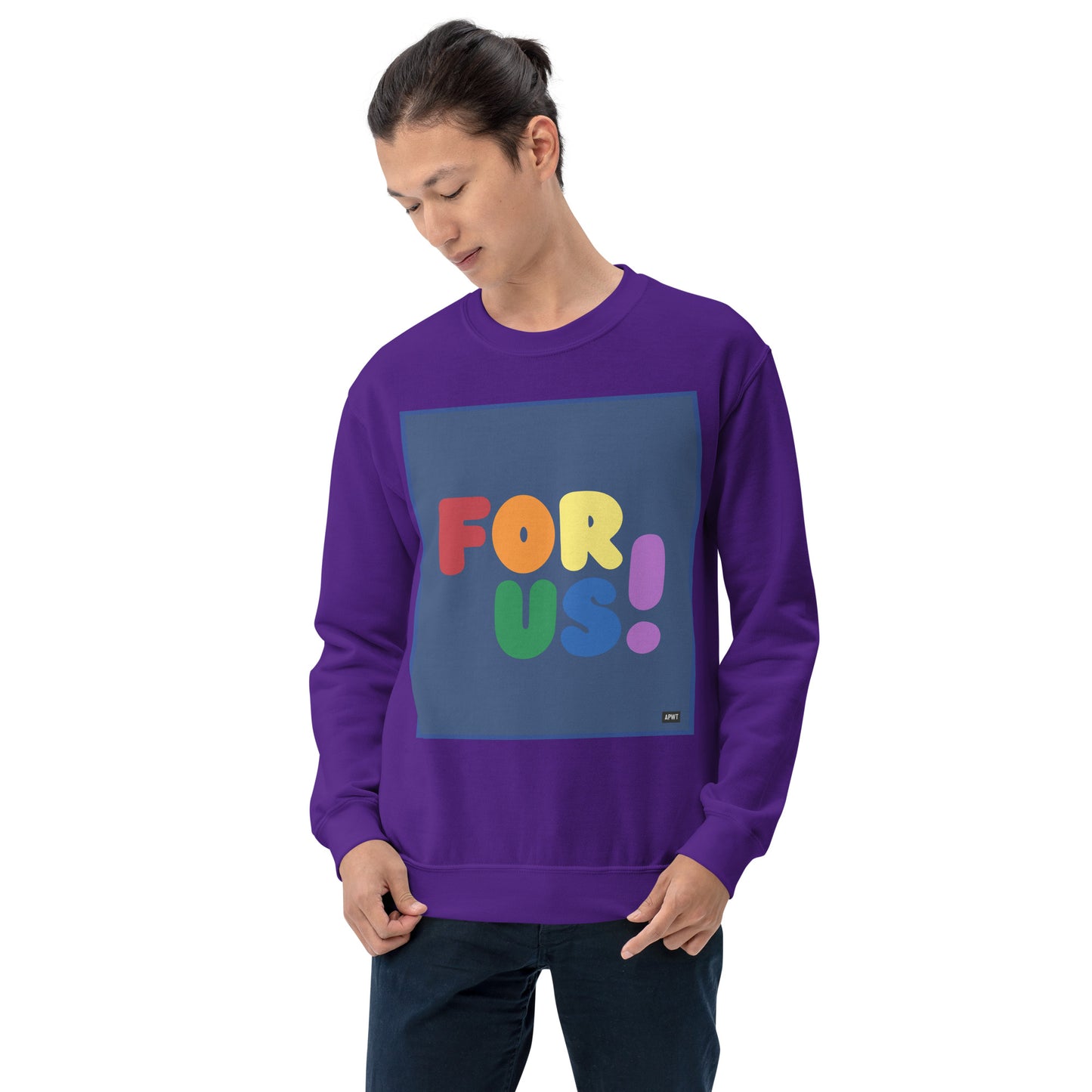 Man wearing the Rainbow For Us Unisex Crew Neck Sweatshirt in Purple - The APWT Gift Shop