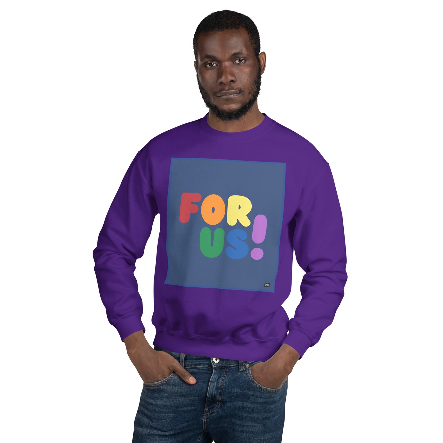 Man wearing the Rainbow For Us Unisex Crew Neck Sweatshirt in Purple (2 of 2) - The APWT Gift Shop