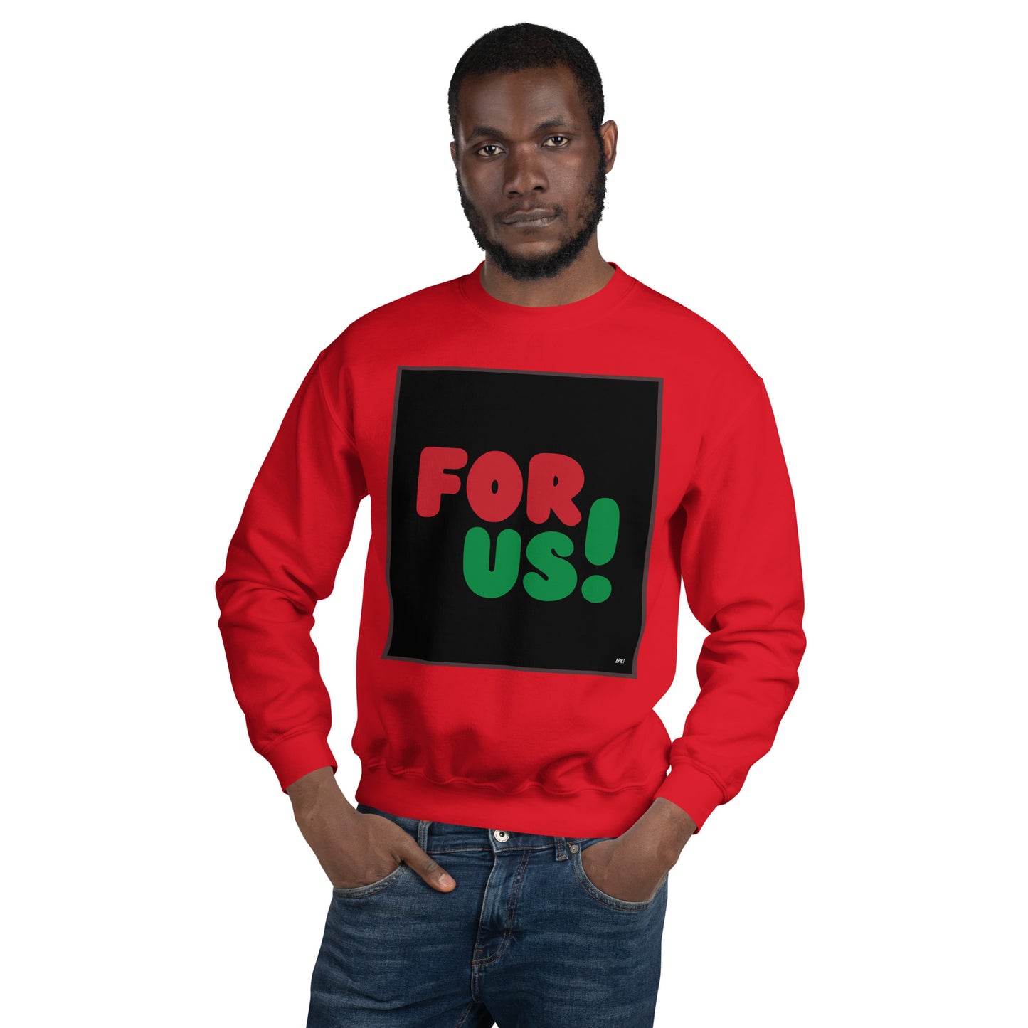 Man wearing the For Us in Black Unisex Crew Neck Sweatshirt in Red - The APWT Gift Shop