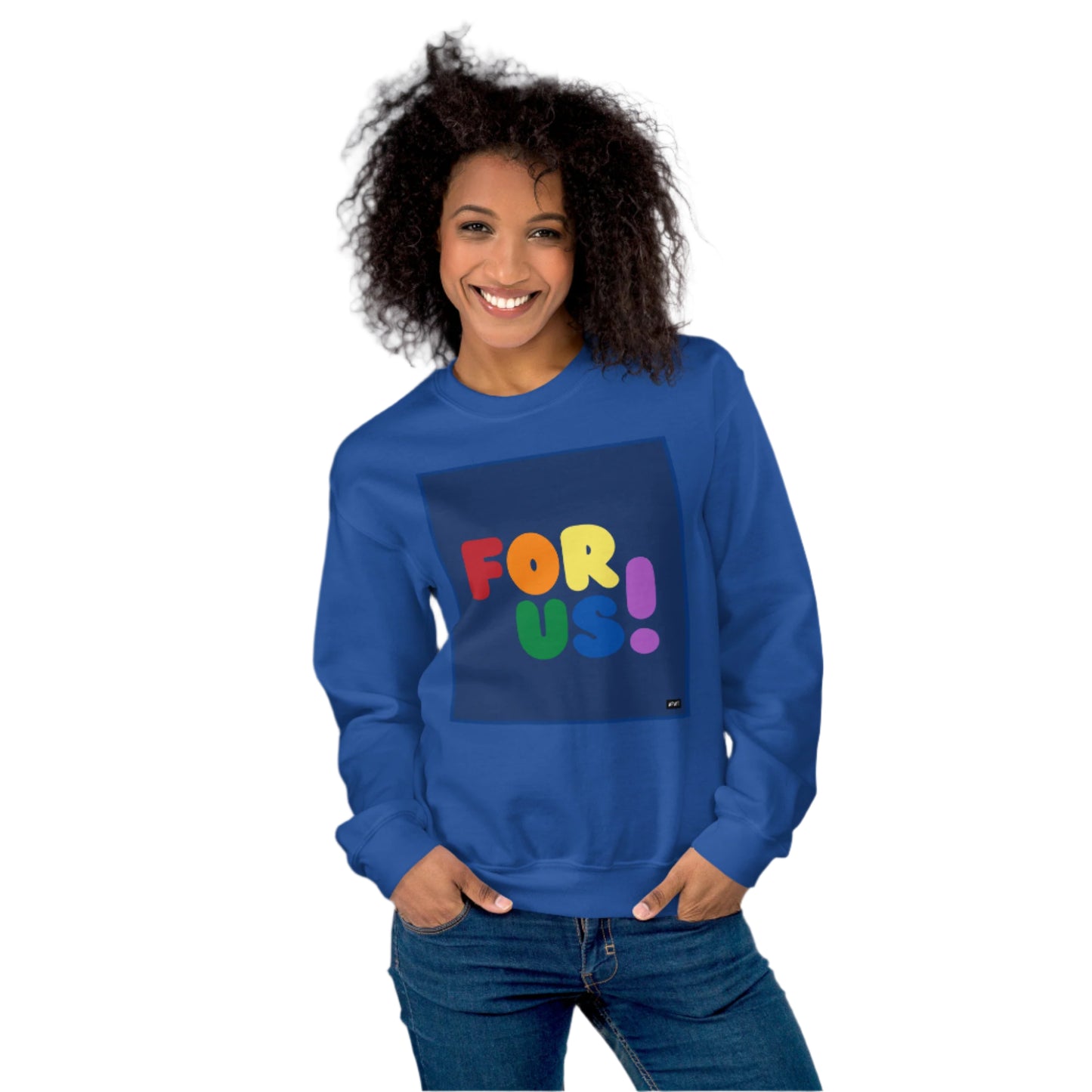 Woman wearing the Rainbow For Us Unisex Crew Neck Sweatshirt in Royal Blue - The APWT Gift Shop
