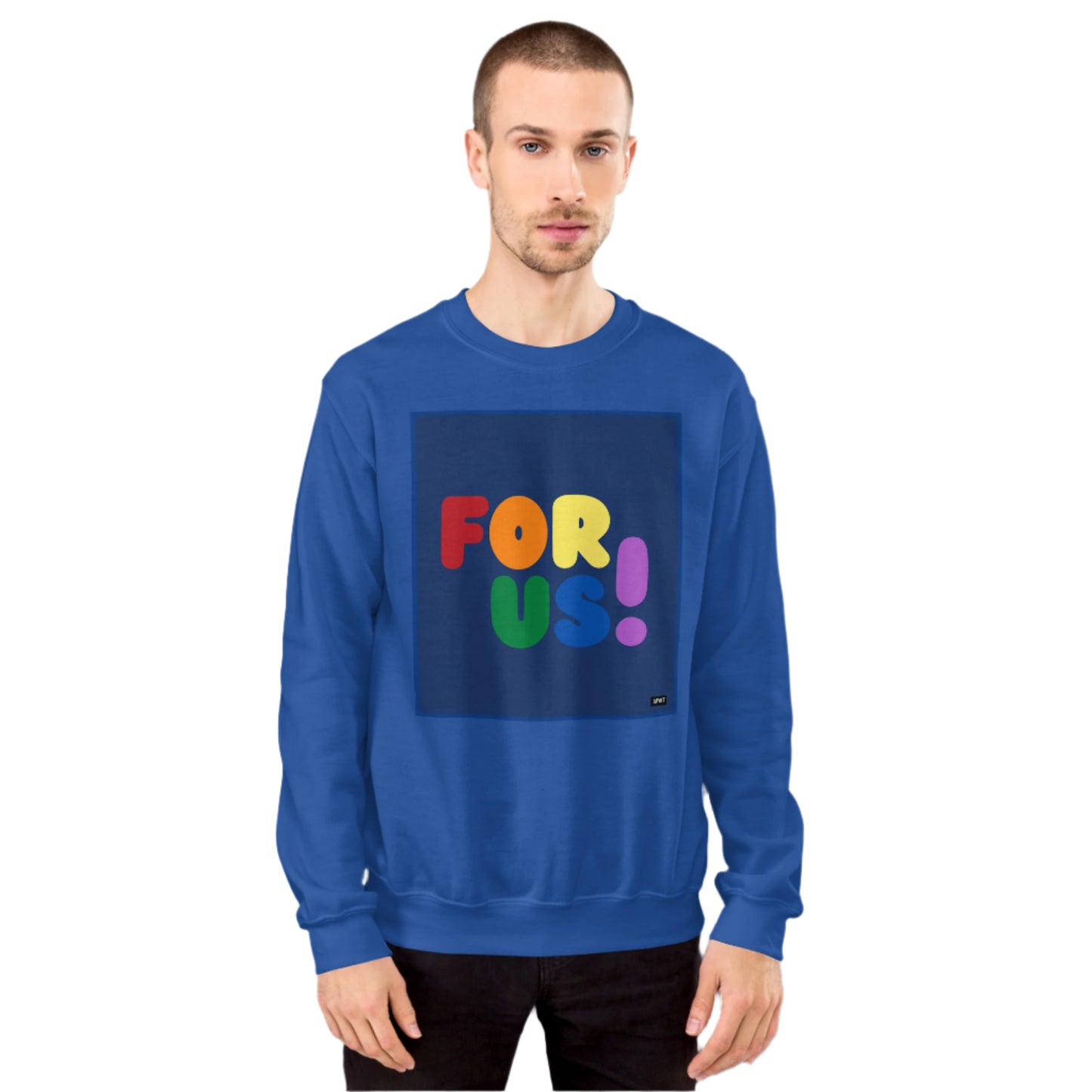 Man wearing the Rainbow For Us Unisex Crew Neck Sweatshirt in Royal Blue - The APWT Gift Shop