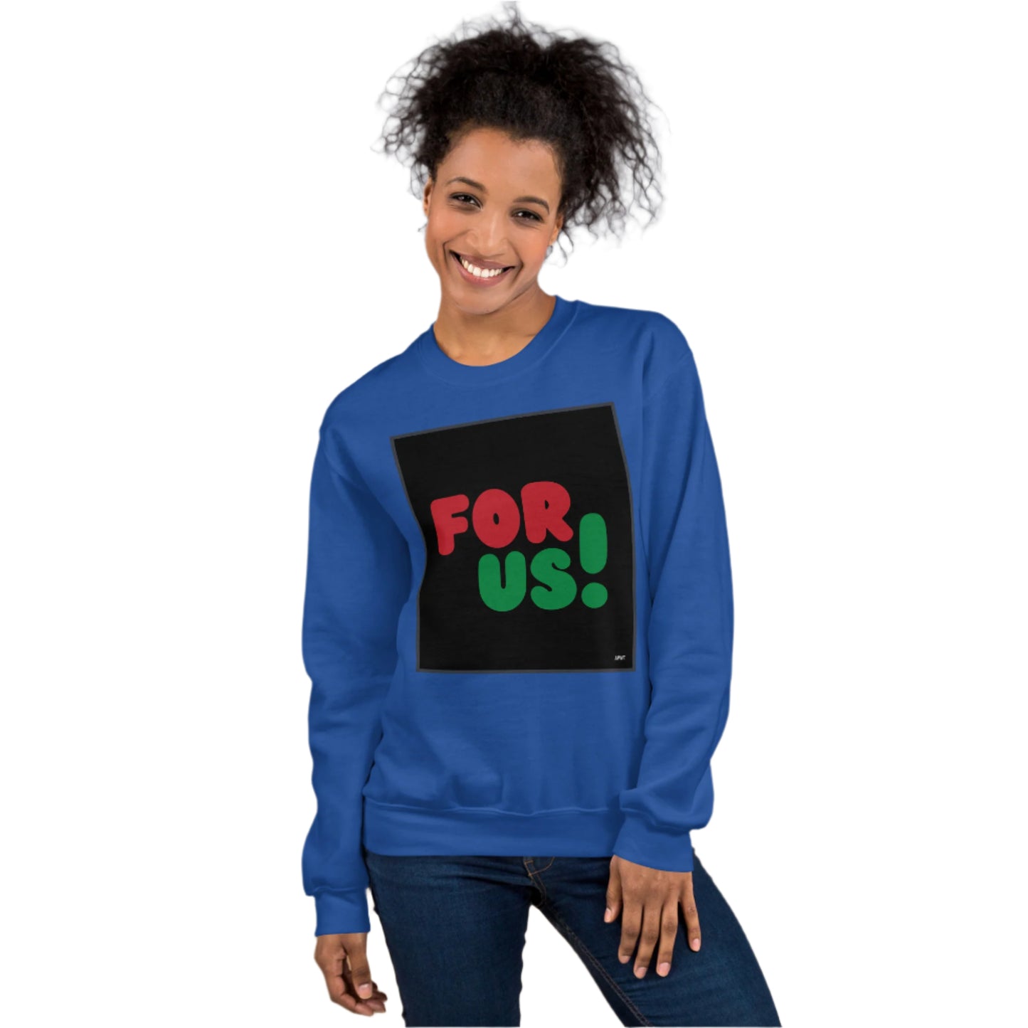 Woman wearing the For Us in Black Unisex Crew Neck Sweatshirt in Royal Blue - The APWT Gift Shop
