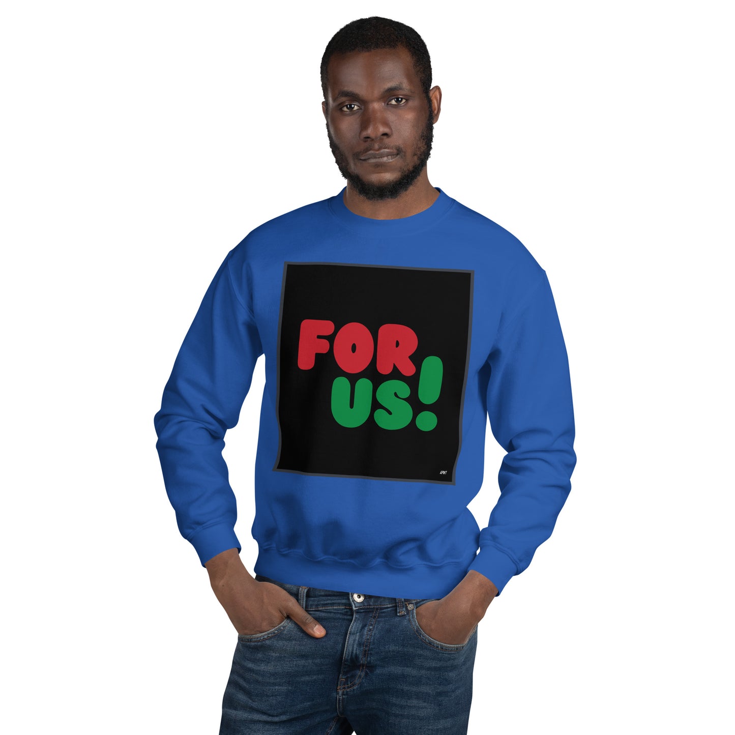 Man wearing the For Us in Black Unisex Crew Neck Sweatshirt in Royal Blue - The APWT Gift Shop