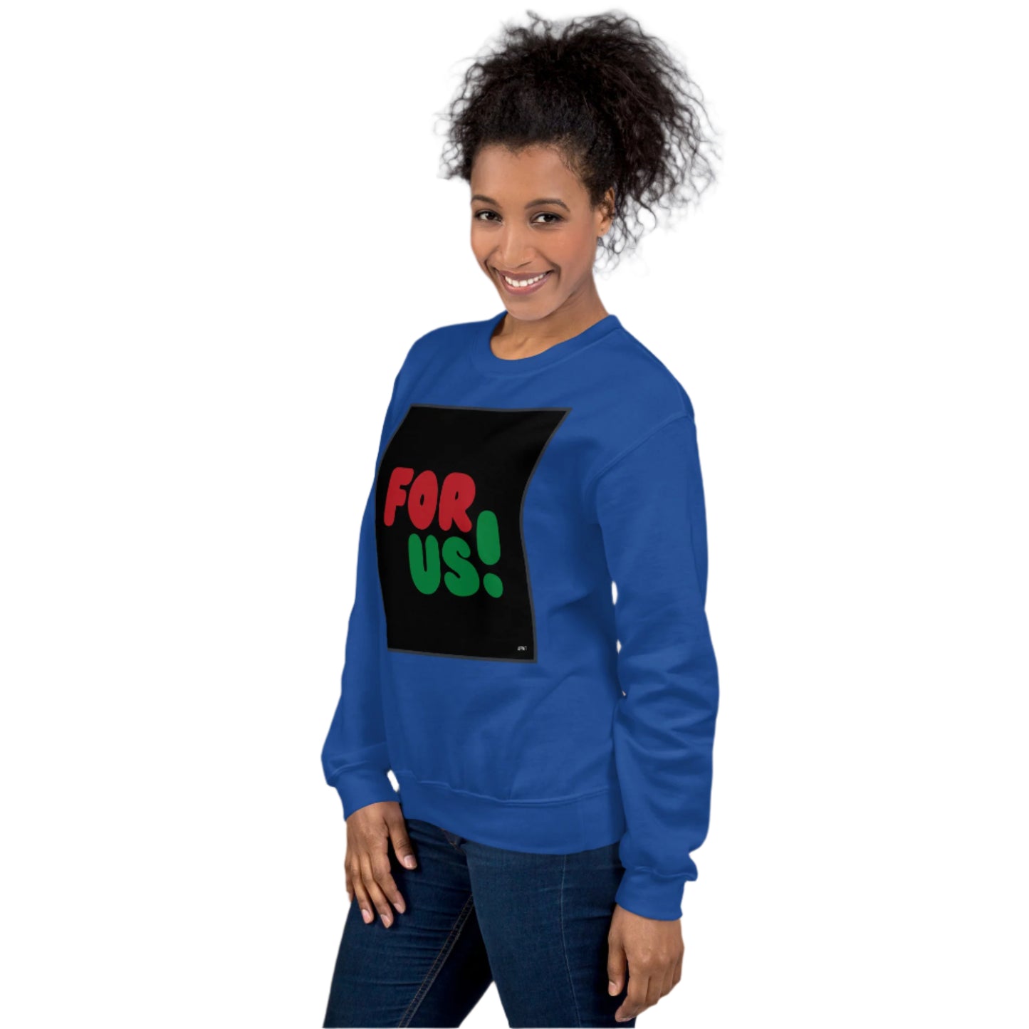 Woman wearing the For Us in Black Unisex Crew Neck Sweatshirt in Royal Blue (2 of 2) - The APWT Gift Shop