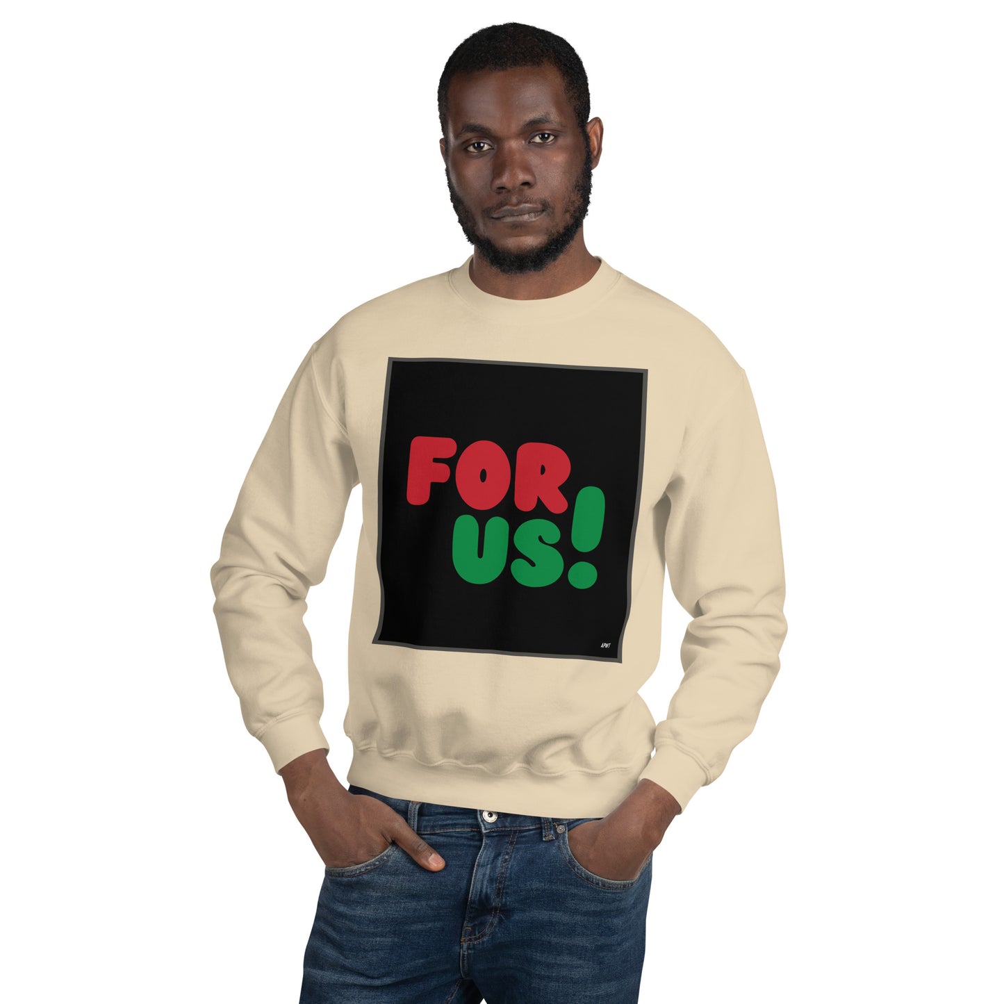 Man wearing the For Us in Black Unisex Crew Neck Sweatshirt in Sand/Beige - The APWT Gift Shop
