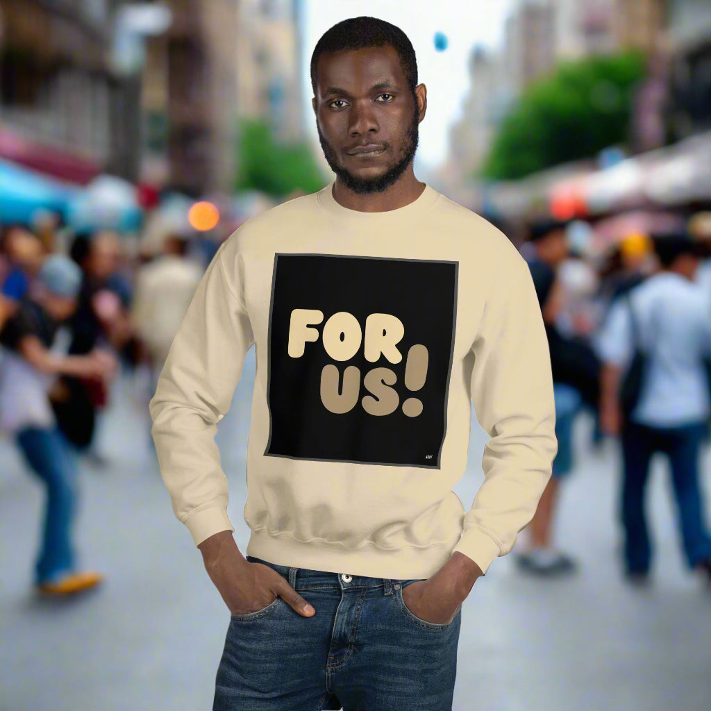 Man wearing the For Us Unisex Crew Neck Sweatshirt in Sand/Beige - The APWT Gift Shop