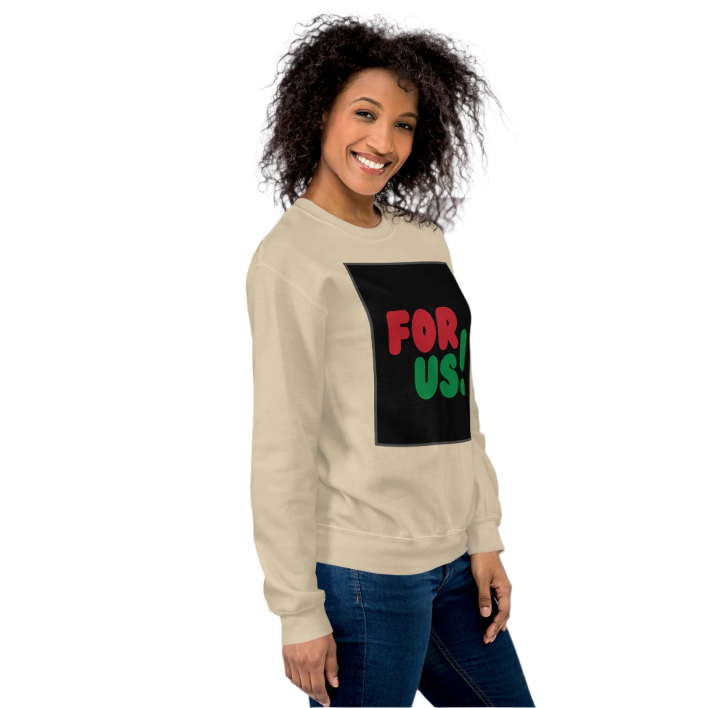 Man wearing the For Us in Black Unisex Crew Neck Sweatshirt in Sand/Beige (2 of 2) - The APWT Gift Shop