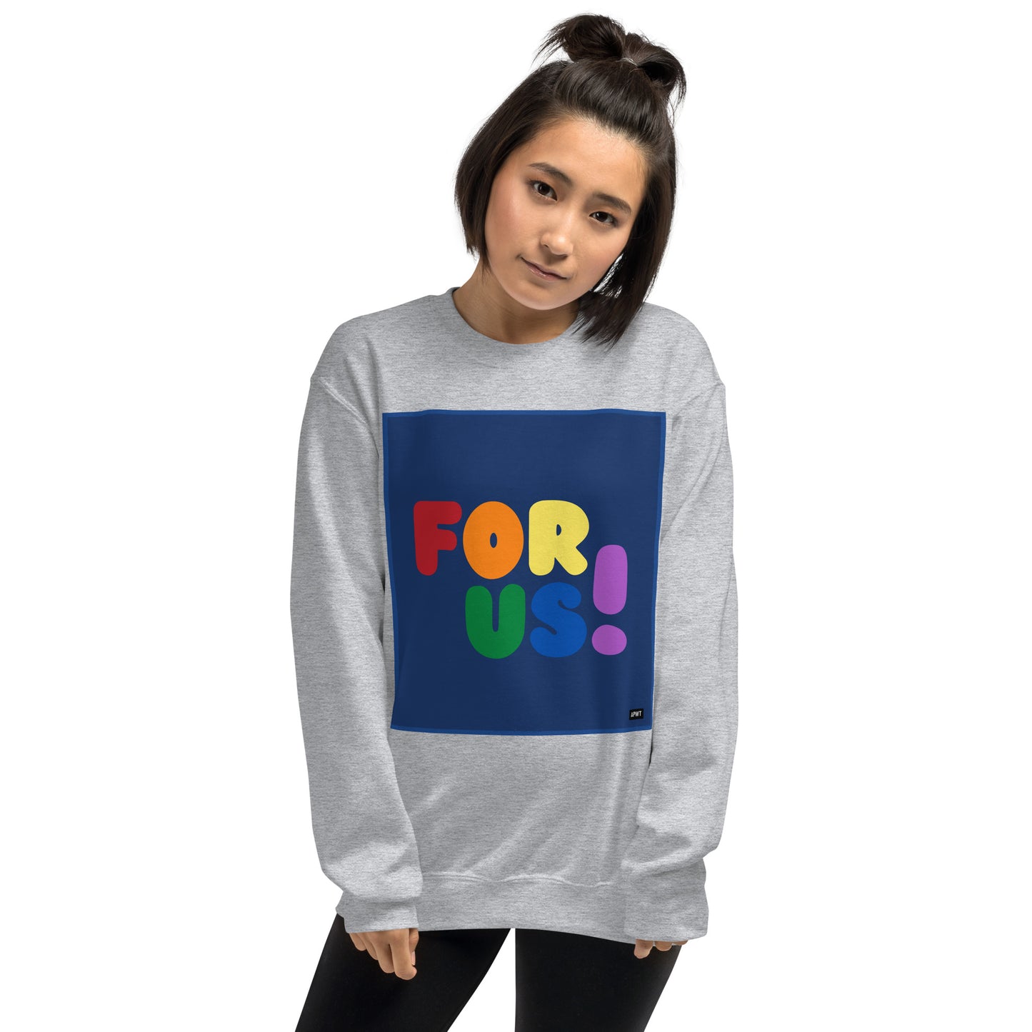 Woman wearing the Rainbow For Us Unisex Crew Neck Sweatshirt in Sport Grey - The APWT Gift Shop
