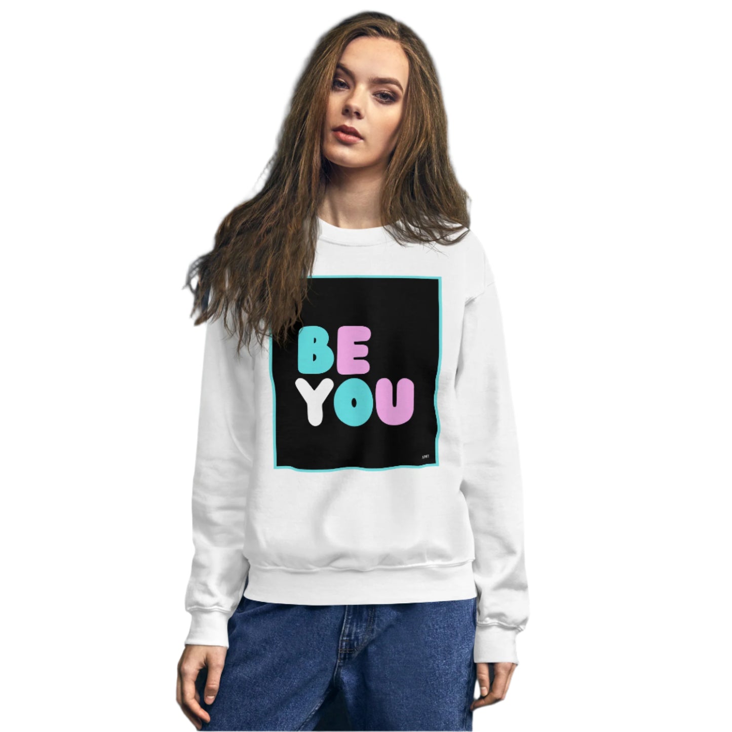 Woman wearing the Be You T Unisex Crew Neck Sweatshirt in White (1 of 2) - The APWT Gift Shop