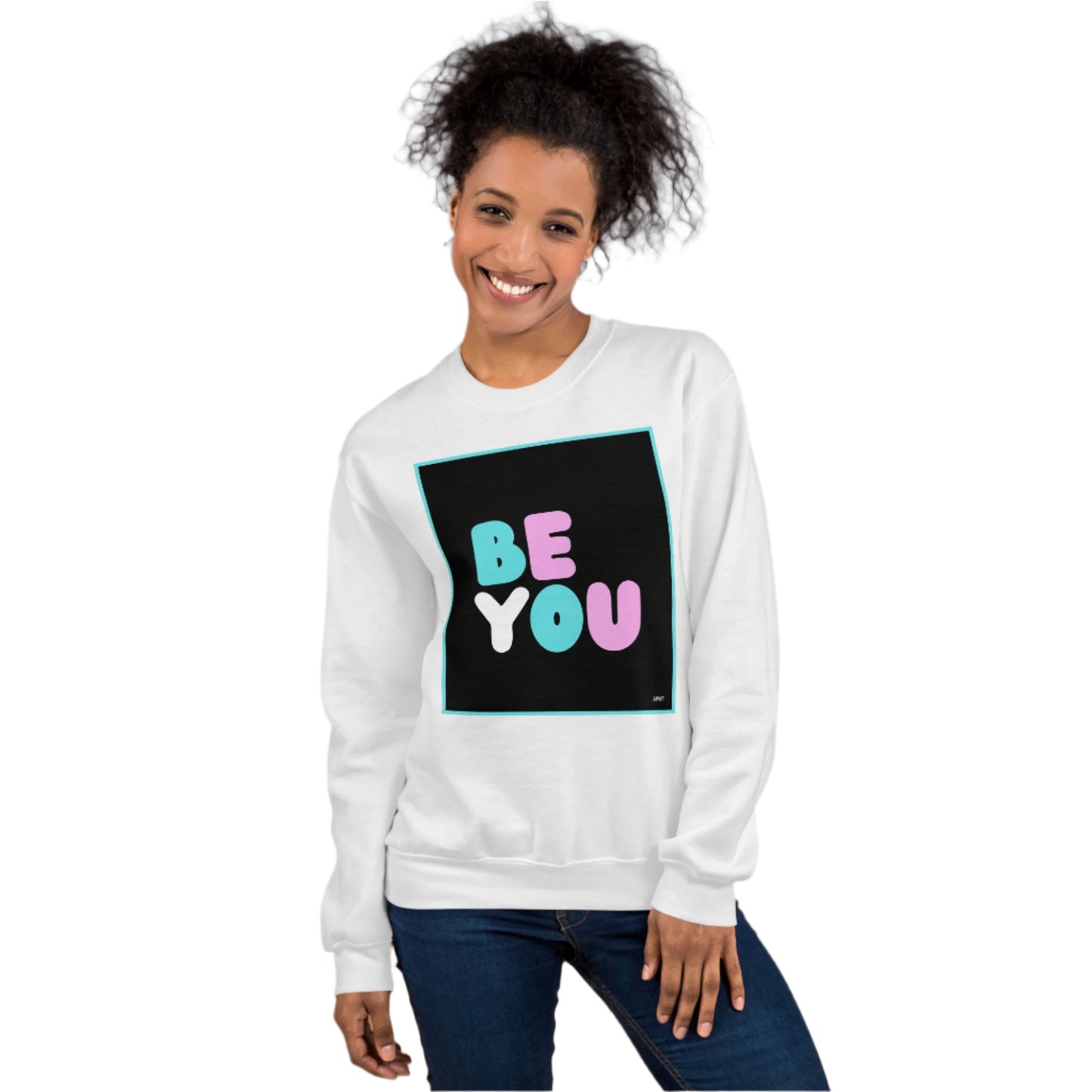 Woman wearing the Be You T Unisex Crew Neck Sweatshirt in White (2 of 2) - The APWT Gift Shop