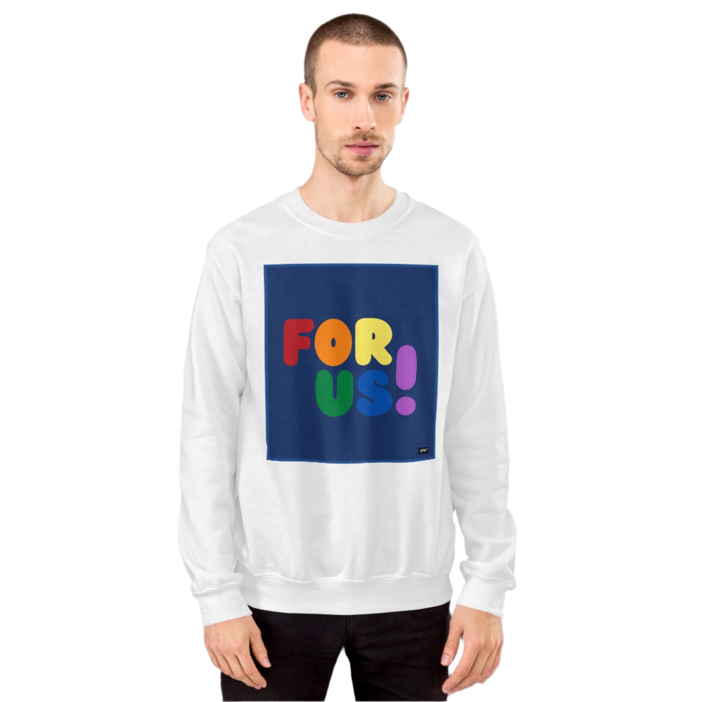 Man wearing the Rainbow For Us Unisex Crew Neck Sweatshirt in White (2 of 2) - The APWT Gift Shop