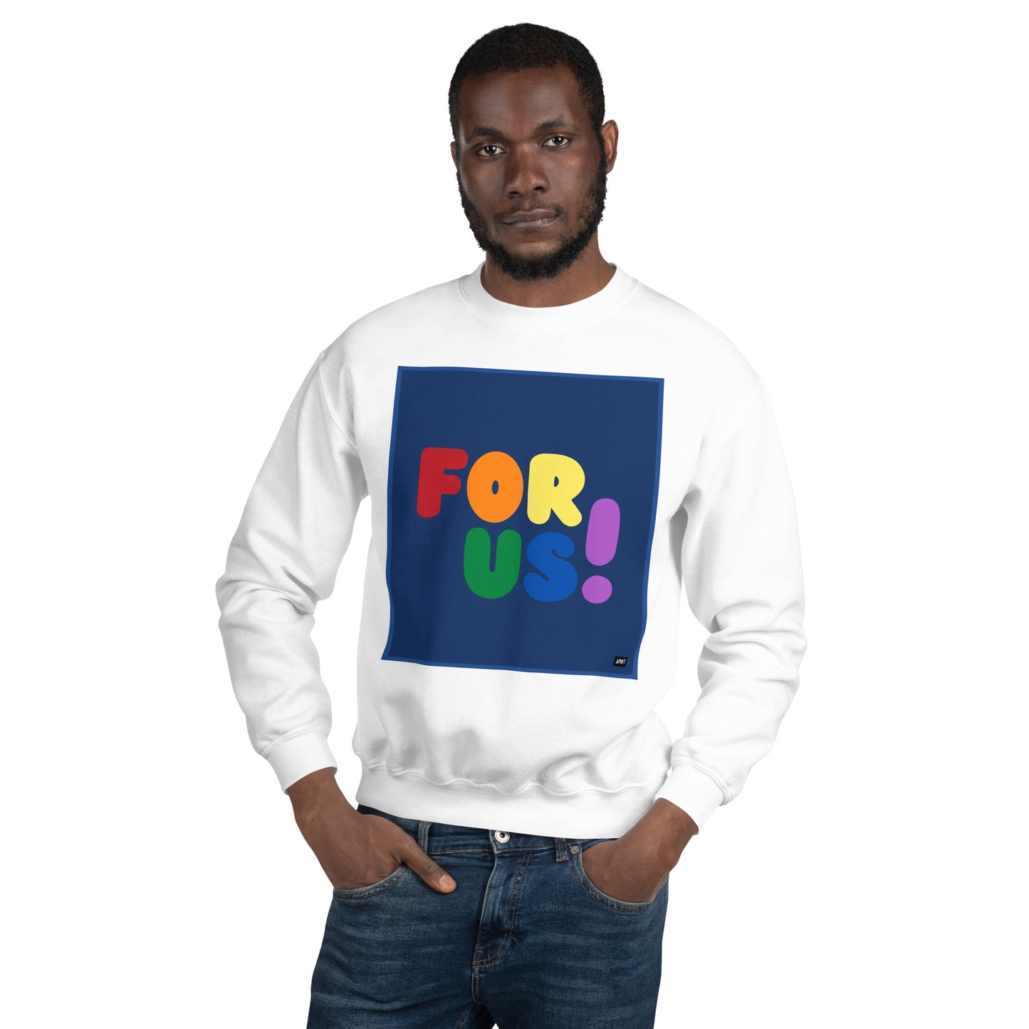 Man wearing the Rainbow For Us Unisex Crew Neck Sweatshirt in White - The APWT Gift Shop