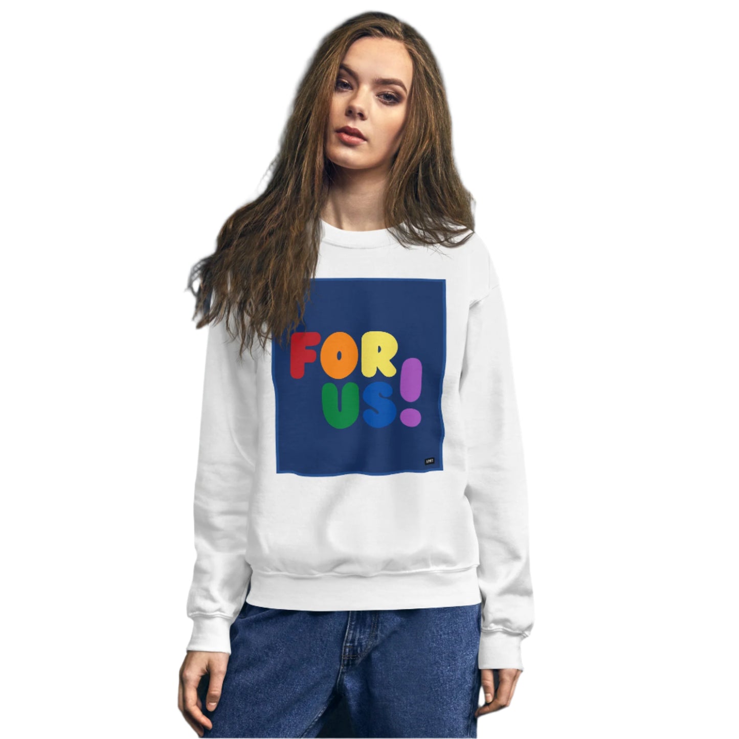 Woman wearing the Rainbow For Us Unisex Crew Neck Sweatshirt in White - The APWT Gift Shop