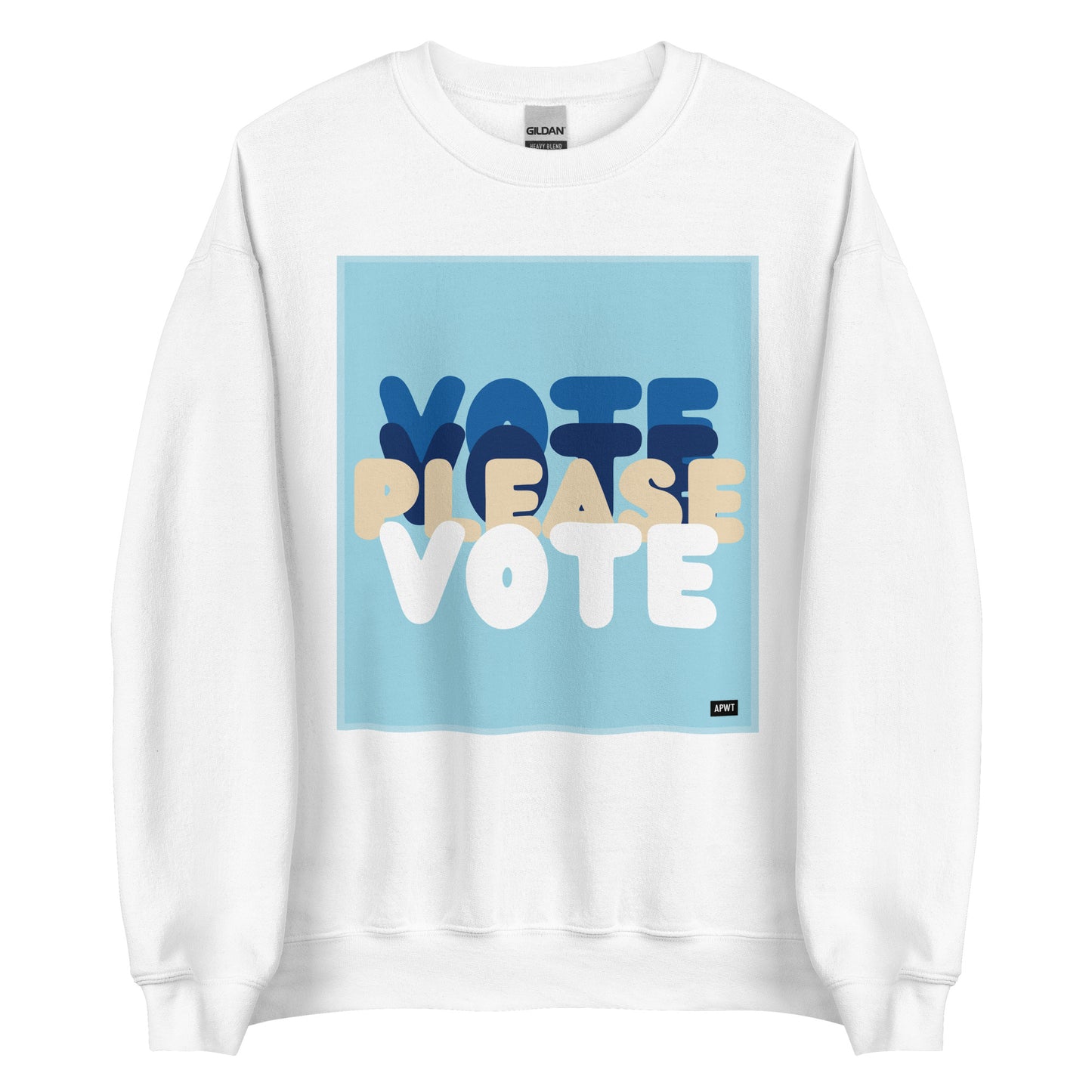 Please Vote in Blue Unisex Crew Neck Sweatshirt in White - The APWT Gift Shop