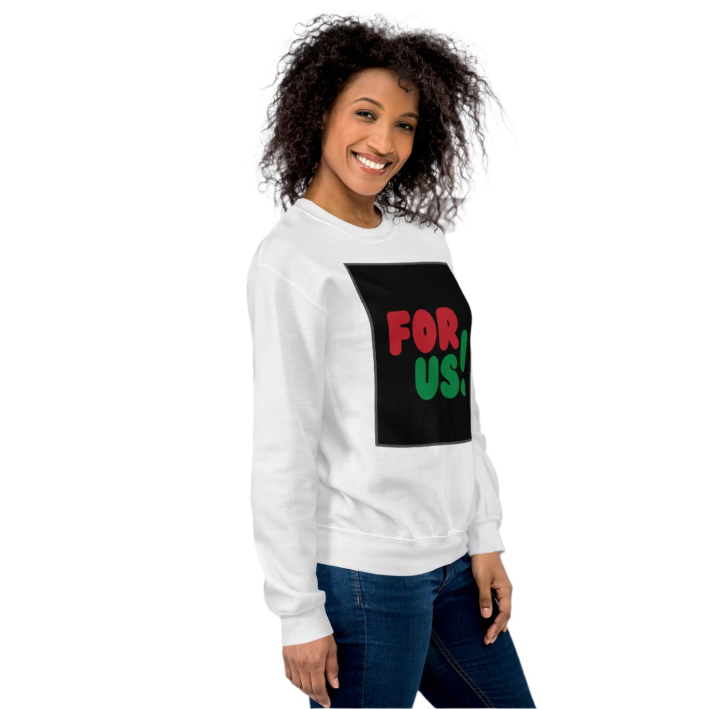 Woman wearing the For Us in Black Unisex Crew Neck Sweatshirt in White (2 of 2) - The APWT Gift Shop