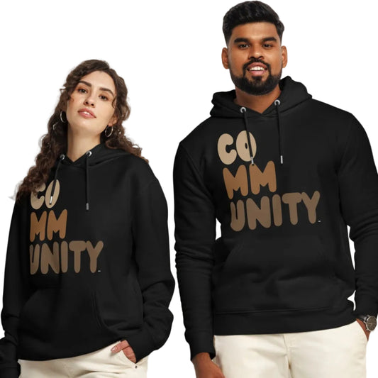 Two people wearing black hoodies with 'COMMUNITY' printed on them against a white background.
