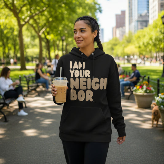 Woman through a city park wearing the APWT Gift Shop's I Am Your Neighbor in Brown Premium Unisex Hoodie from the Day in the Life Collection and the Premium Basics Collection in Black