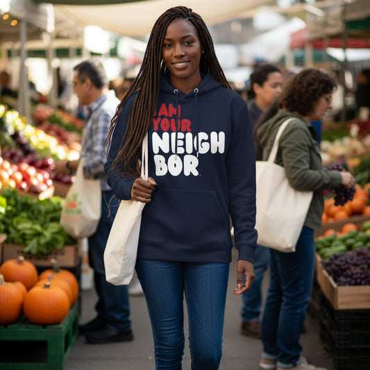 Woman walking through a farmer's market wearing the APWT Gift Shop's I Am Your Neighbor in Turmoil Premium Unisex Hoodie from the Day in the Life Collection and the Premium Basics Collection