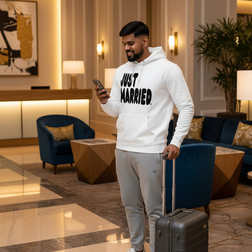 Man in hotel lobby wearing the APWT Gift Shop's Just Married Premium Unisex Hoodie from the APWT Wedding Shop