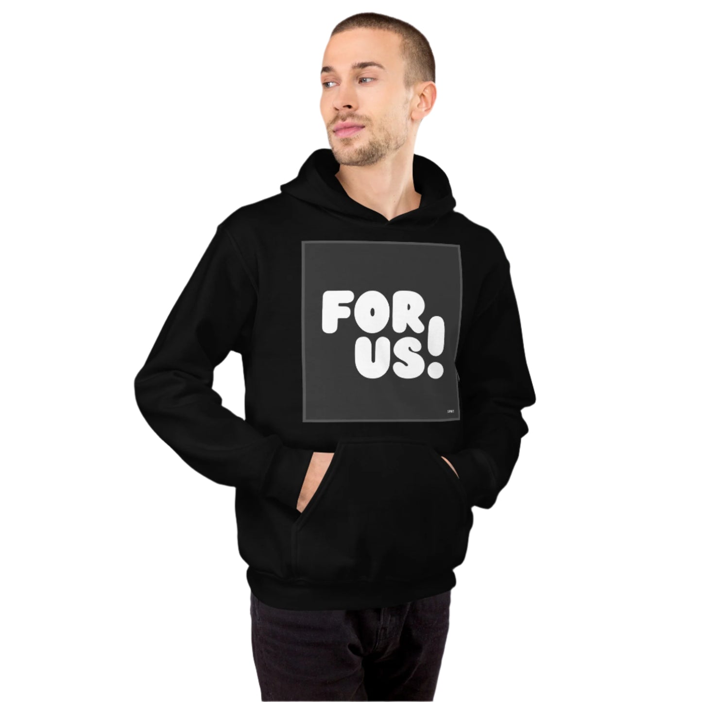 Man wearing the For Us in Black and White Unisex Hoodie in Black (2 of 2) - The APWT Gift Shop