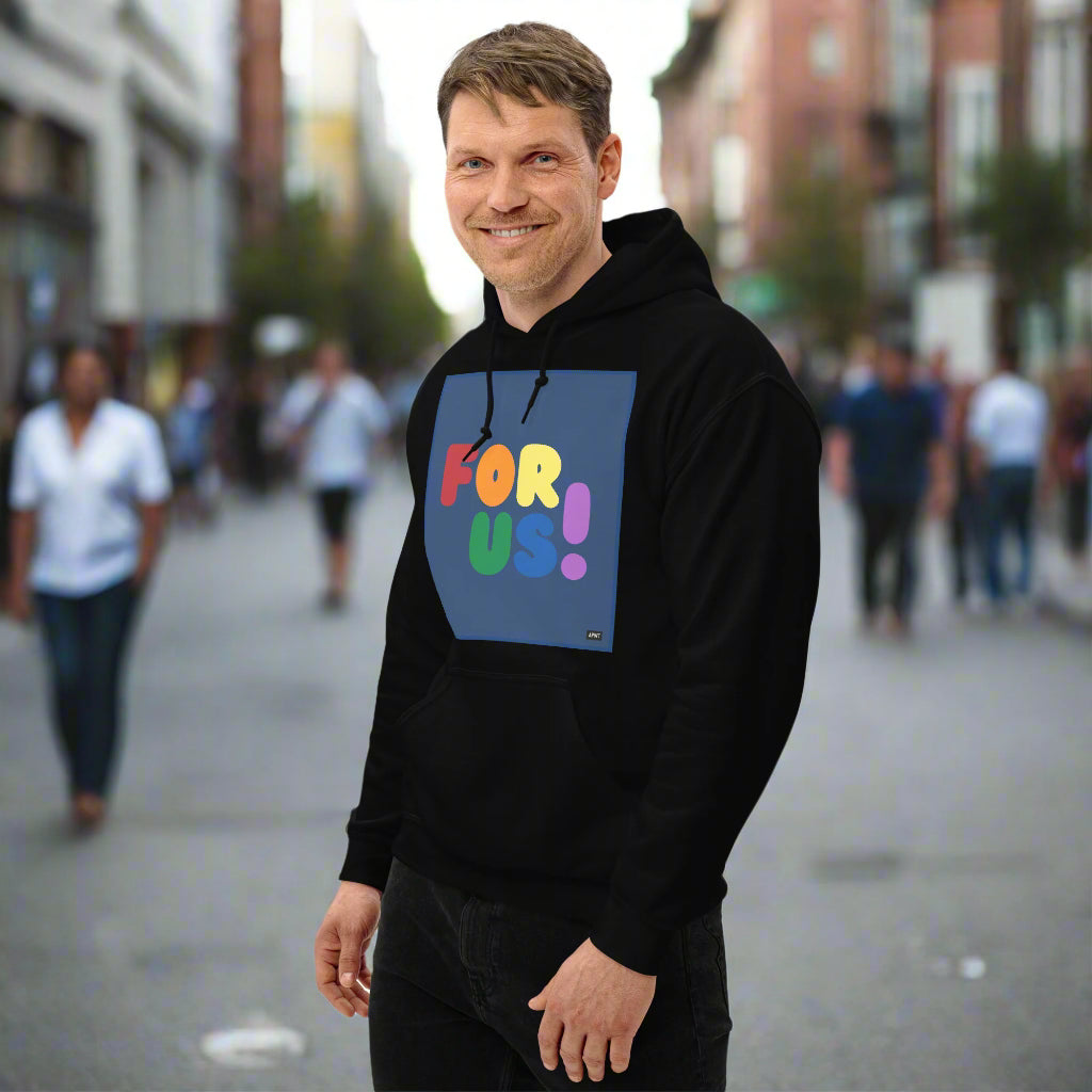 Man wearing the Rainbow For Us Unisex Hoodie in Black (2 of 2) - The APWT Gift Shop