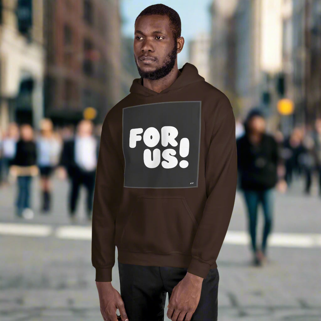 Man wearing the For Us in Black and White Unisex Hoodie in Brown (2 of 2) - The APWT Gift Shop