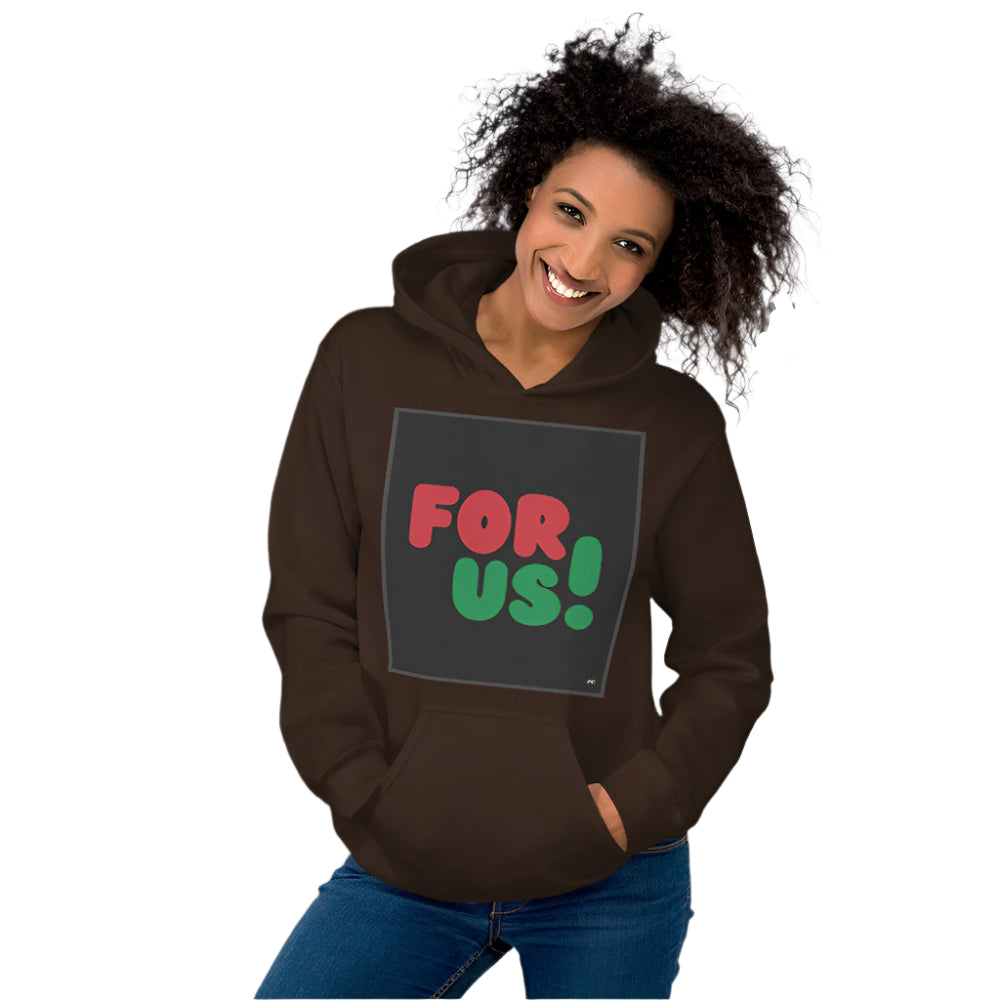 Woman wearing the For Us in Black Unisex Hoodie in Brown - The APWT Gift Shop