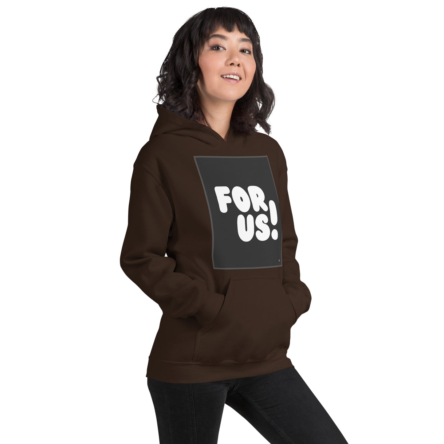 Woman wearing the For Us in Black and White Unisex Hoodie in Brown - The APWT Gift Shop