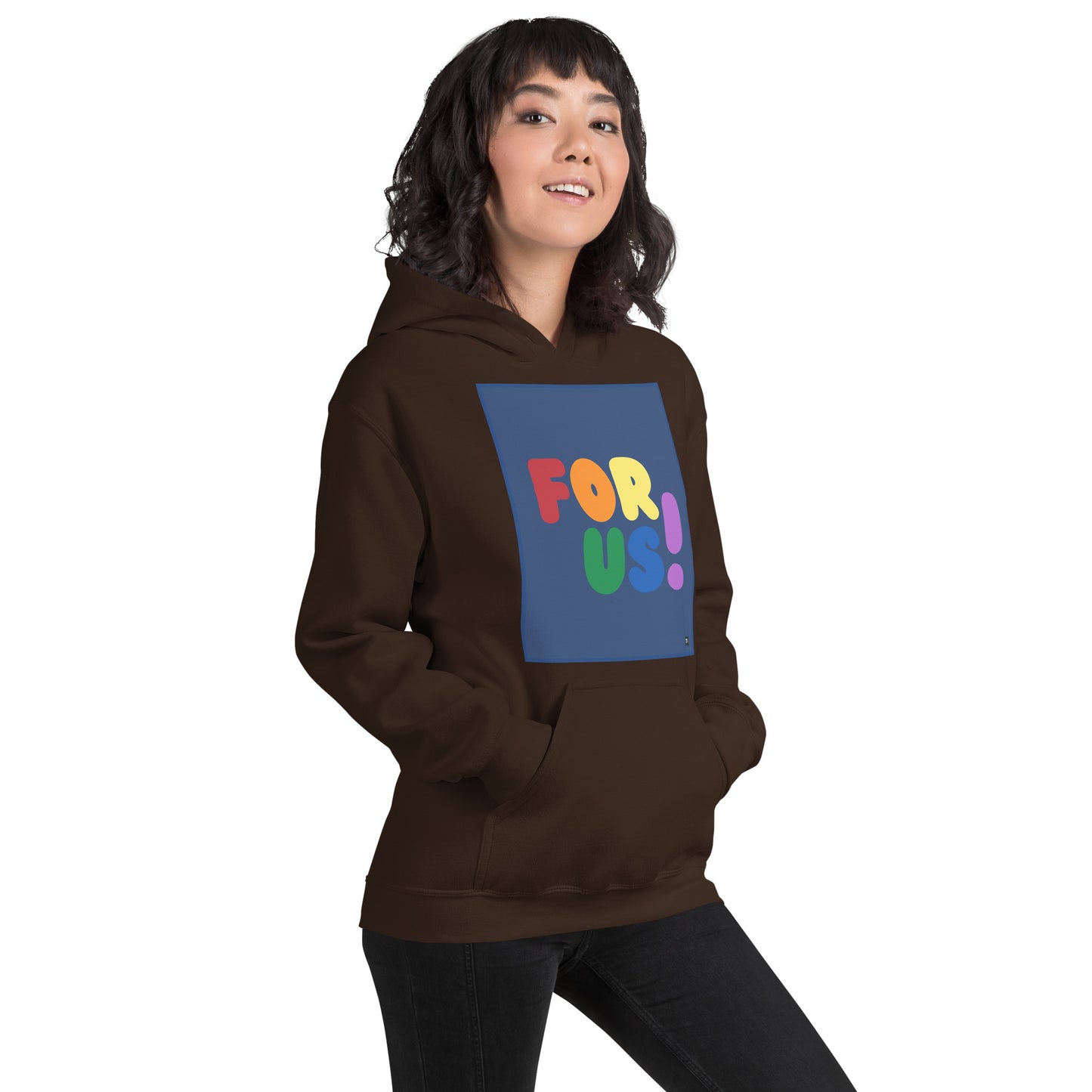 Woman wearing the Rainbow For Us Unisex Hoodie in Brown - The APWT Gift Shop