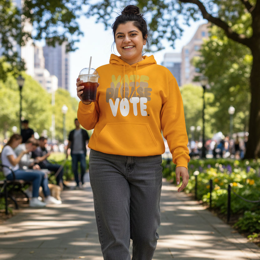 Woman in Please Vote in Sunny Yellow Unisex Hoodie from the APWT Gift Shop - Vote Advocacy Sweatshirt