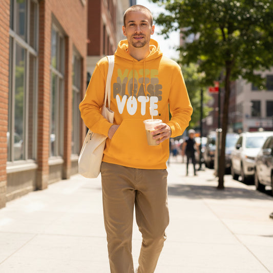 Man in Please Vote in Sunny Yellow Unisex Hoodie from the APWT Gift Shop - Vote Advocacy Sweatshirt