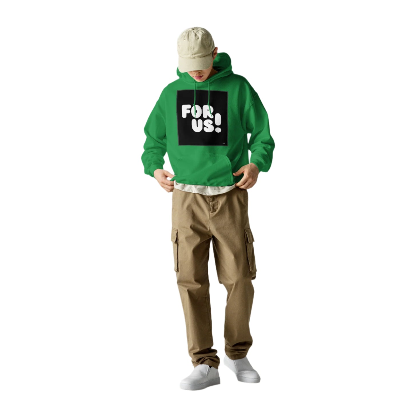 Man wearing the For Us in Black and White Unisex Hoodie in Irish Green - The APWT Gift Shop