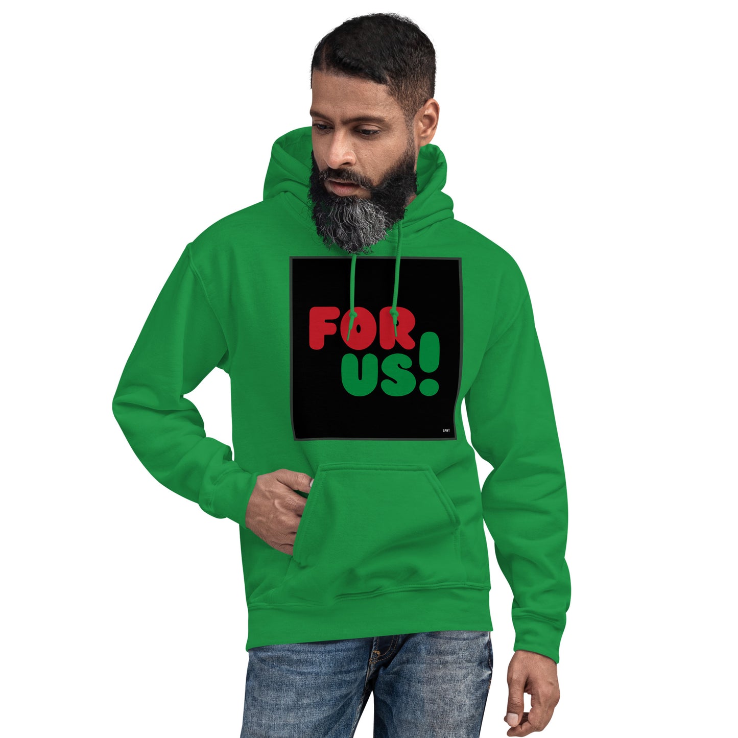Man wearing the For Us in Black Unisex Hoodie in Irish Green (2 of 3) - The APWT Gift Shop
