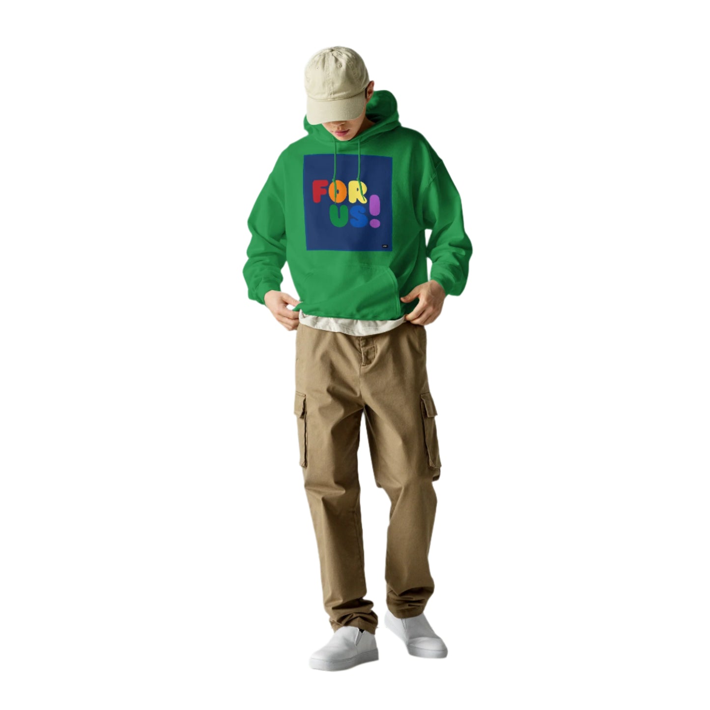 Man wearing the Rainbow For Us Unisex Hoodie in Irish Green - The APWT Gift Shop