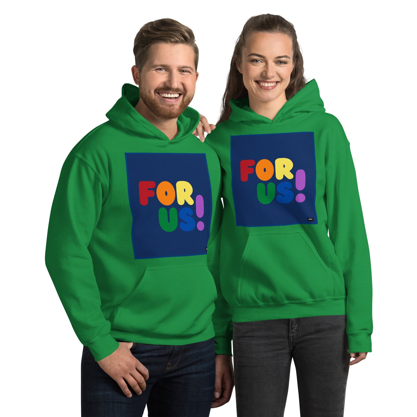 Man and Woman wearing the Rainbow For Us Unisex Hoodie in Irish Green - The APWT Gift Shop