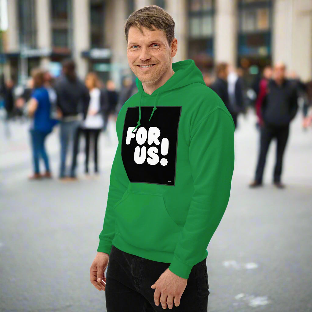 Man wearing the For Us in Black and White Unisex Hoodie in Irish Green (2 of 2) - The APWT Gift Shop