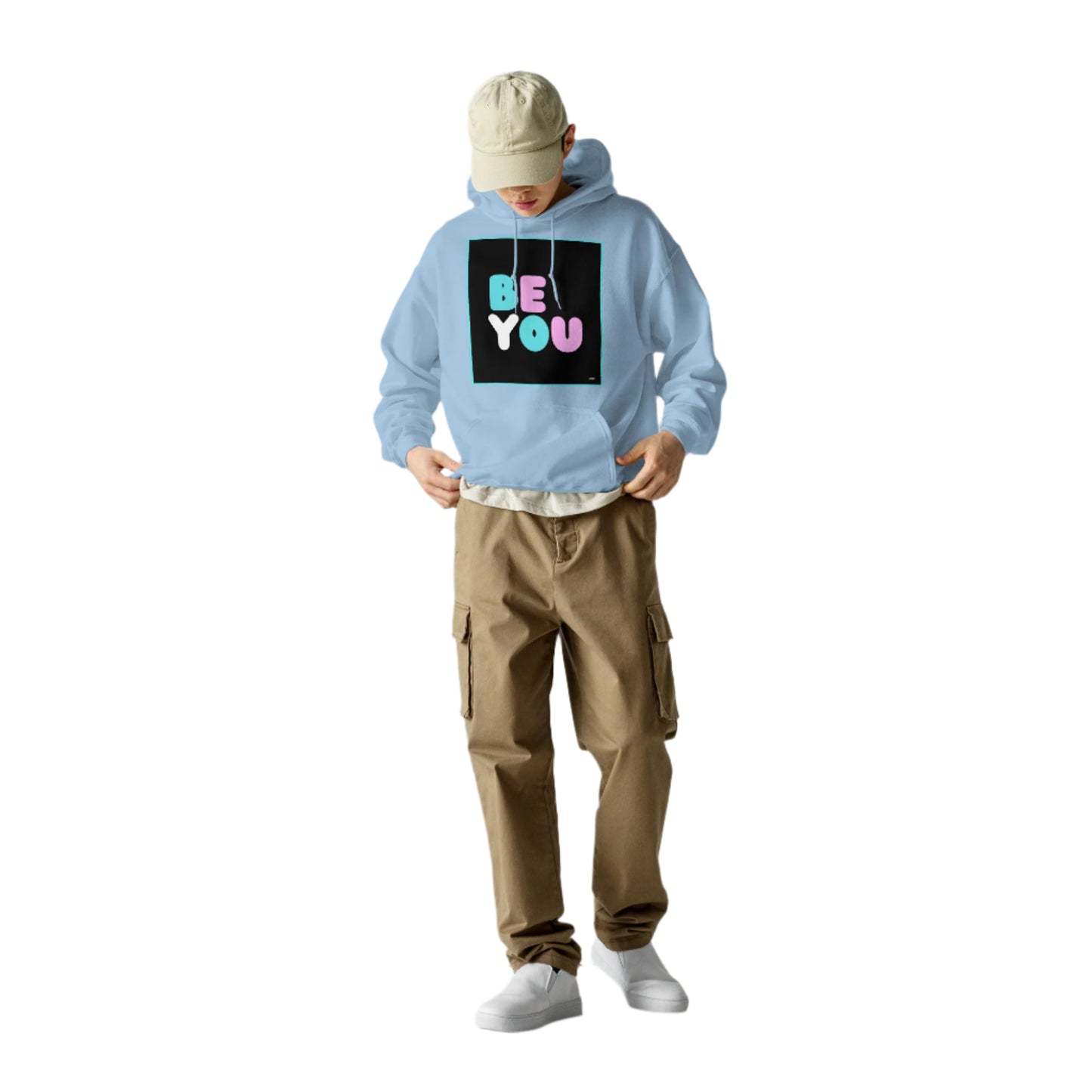 Man wearing the Be You T Unisex Hoodie in Light Blue (1 of 2) - The APWT Gift Shop