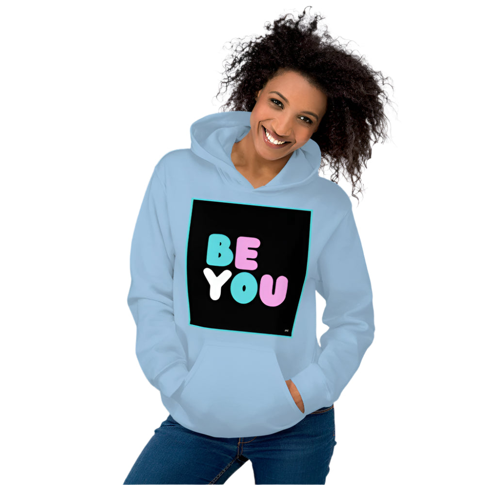 Woman wearing the Be You T Unisex Hoodie in Light Blue (2 of 2) - The APWT Gift Shop