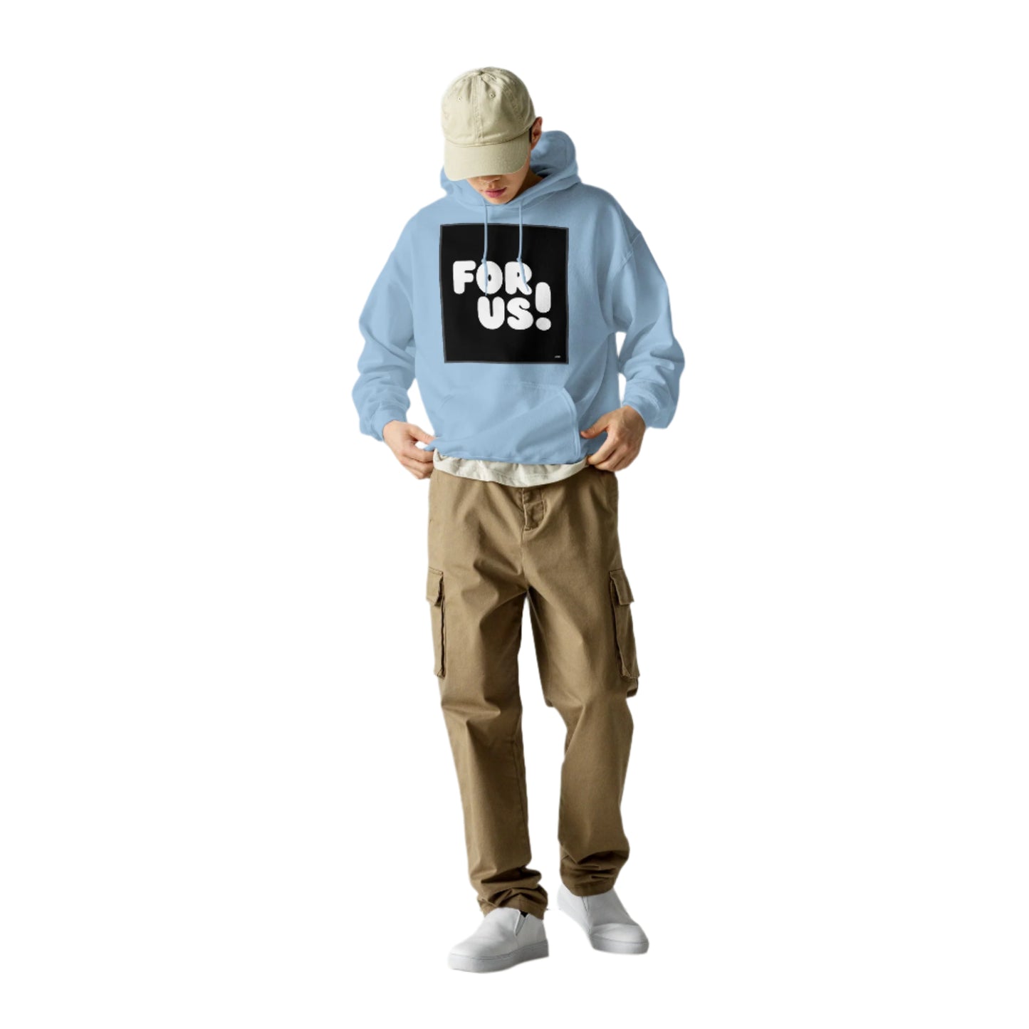Man wearing the For Us in Black and White Unisex Hoodie in Light Blue - The APWT Gift Shop