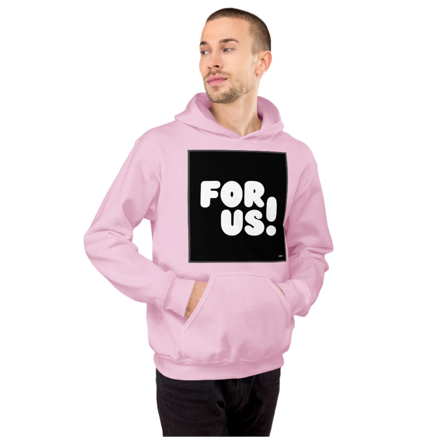 Man wearing the For Us in Black and White Unisex Hoodie in Pink (2 of 2) - The APWT Gift Shop