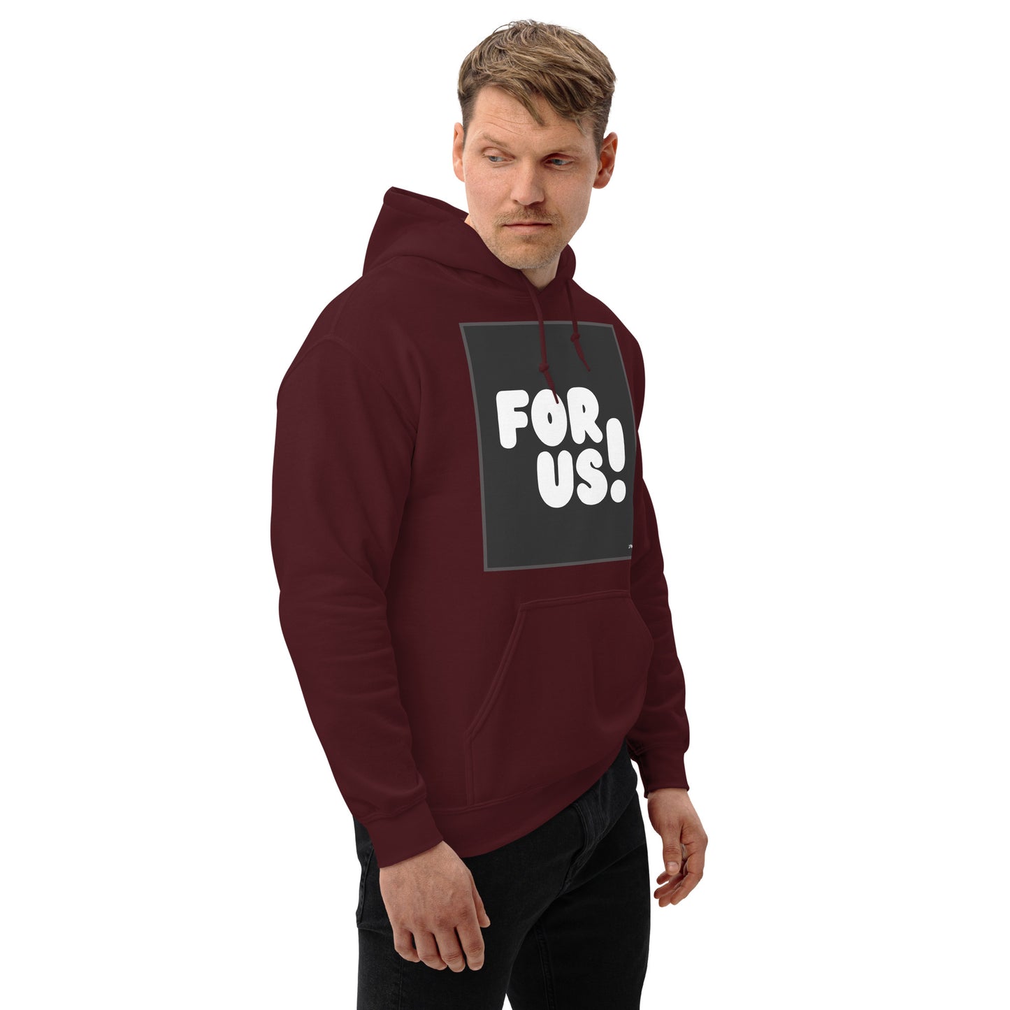 Man wearing the For Us in Black and White Unisex Hoodie in Maroon (2 of 2) - The APWT Gift Shop
