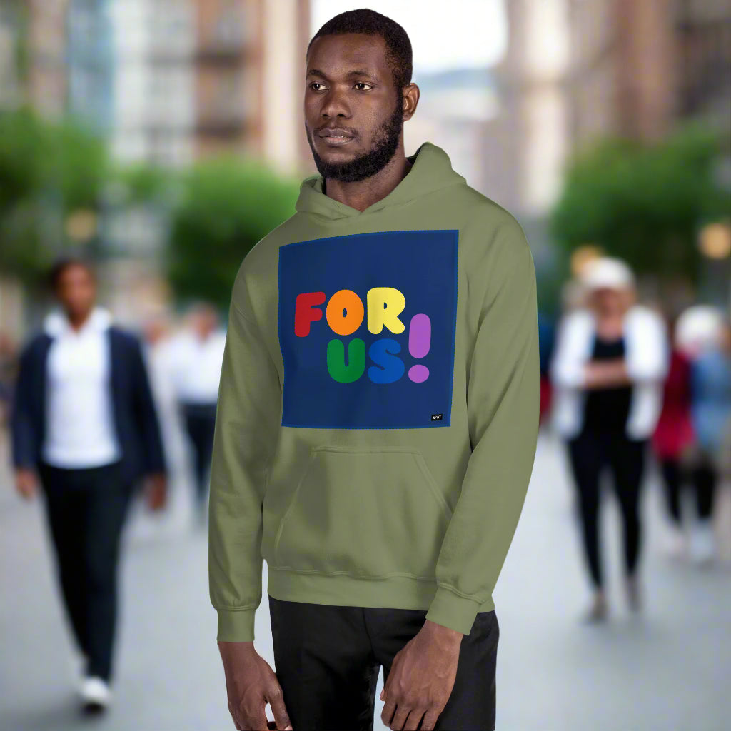 Man wearing the Rainbow For Us Unisex Hoodie in Military/Army Green (2 of 2) - The APWT Gift Shop