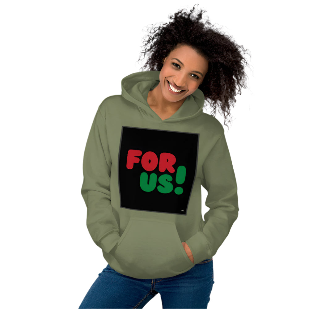 Woman wearing the For Us in Black Unisex Hoodie in Military/Army Green - The APWT Gift Shop