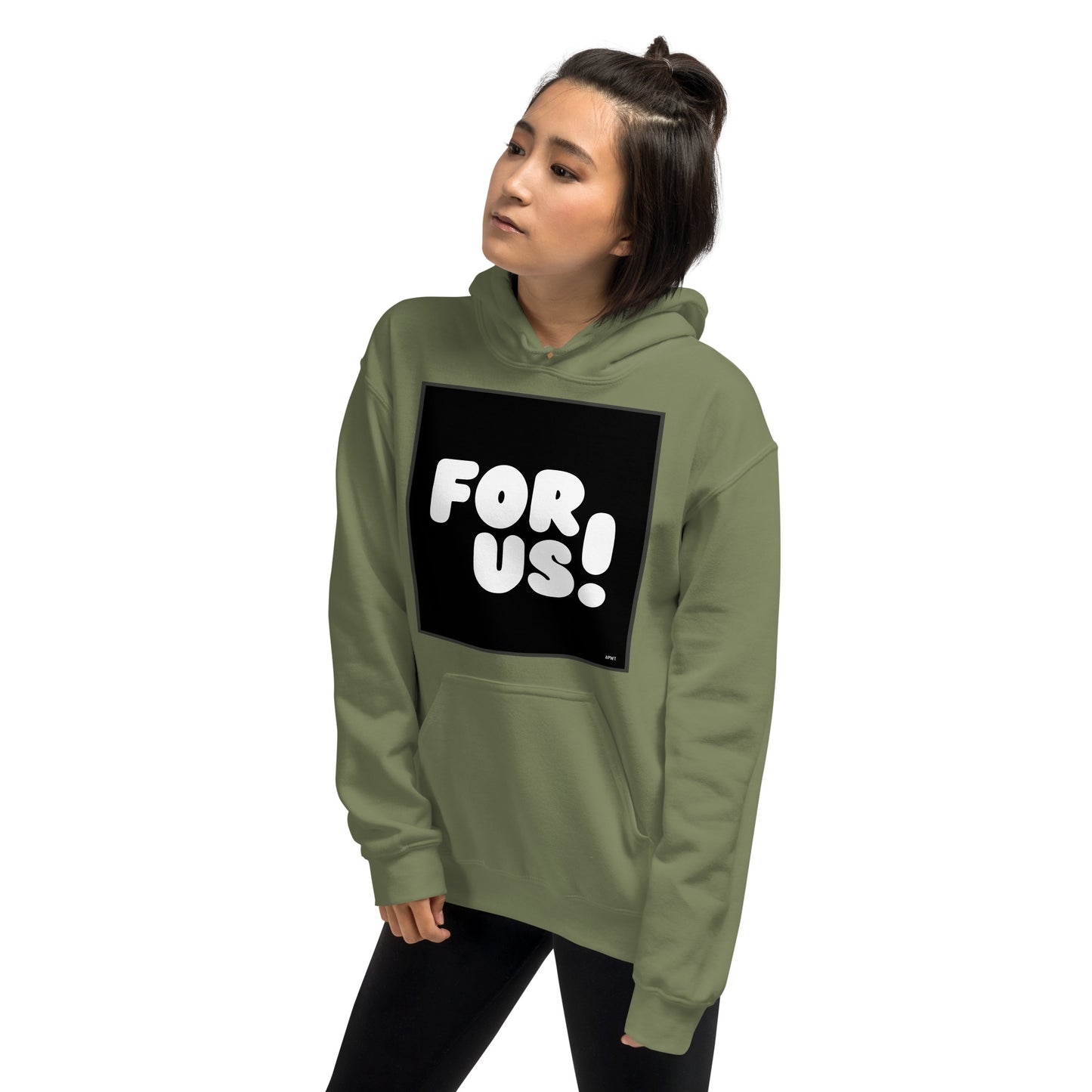 Woman wearing the For Us in Black and White Unisex Hoodie in Military/Army Green - The APWT Gift Shop