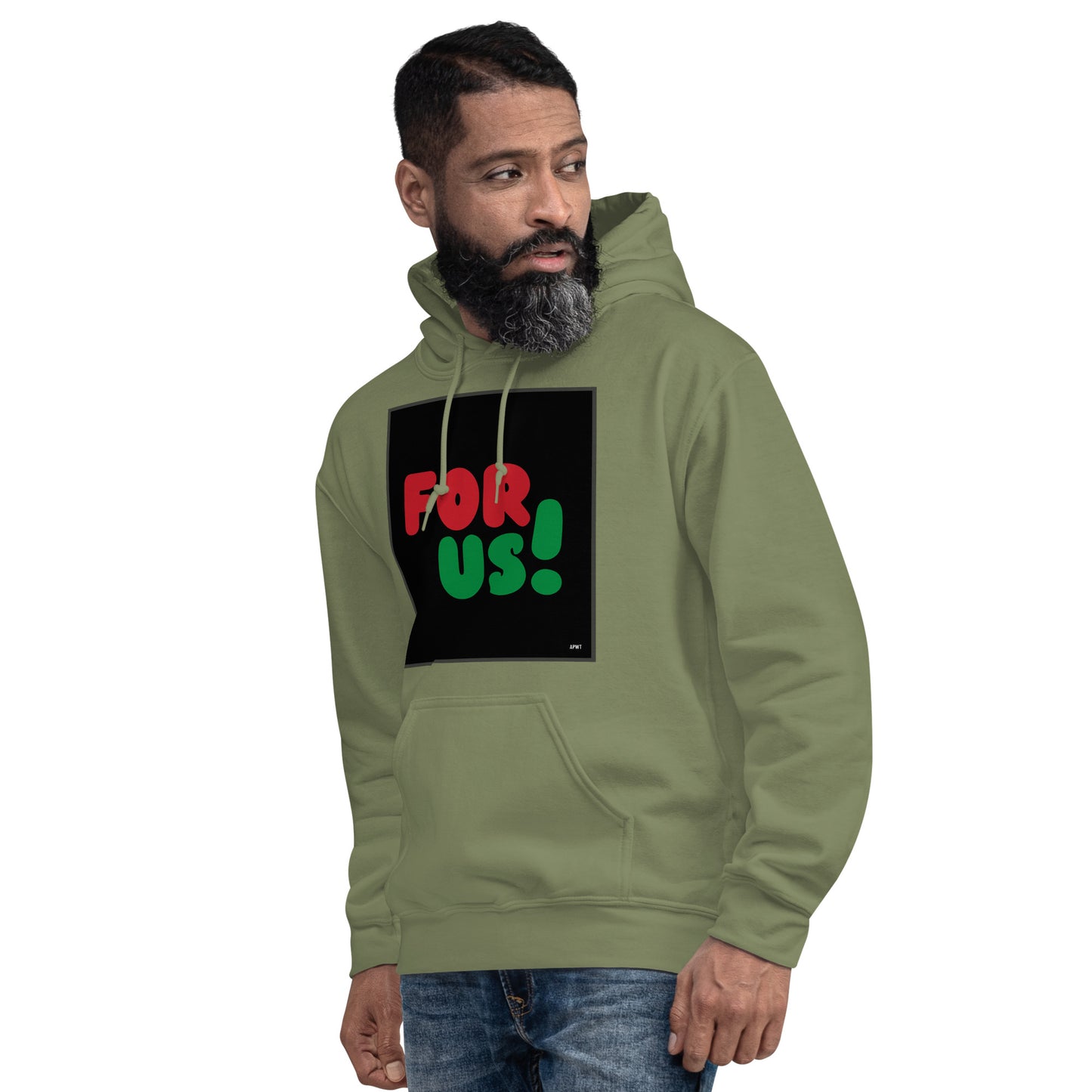 Man wearing the For Us in Black Unisex Hoodie in Military/Army Green (3 of 3) - The APWT Gift Shop