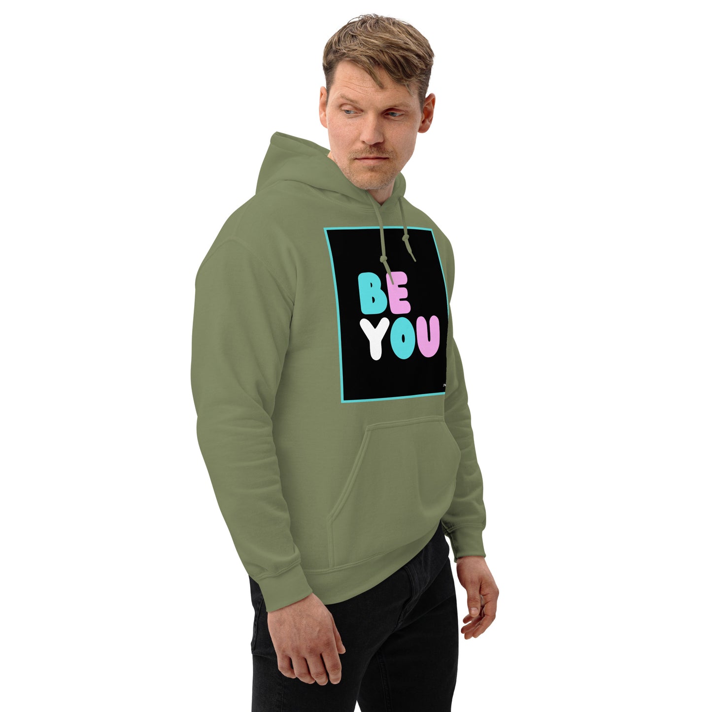 Man wearing the Be You T Unisex Hoodie in Military/Army Green (1 of 3) - The APWT Gift Shop