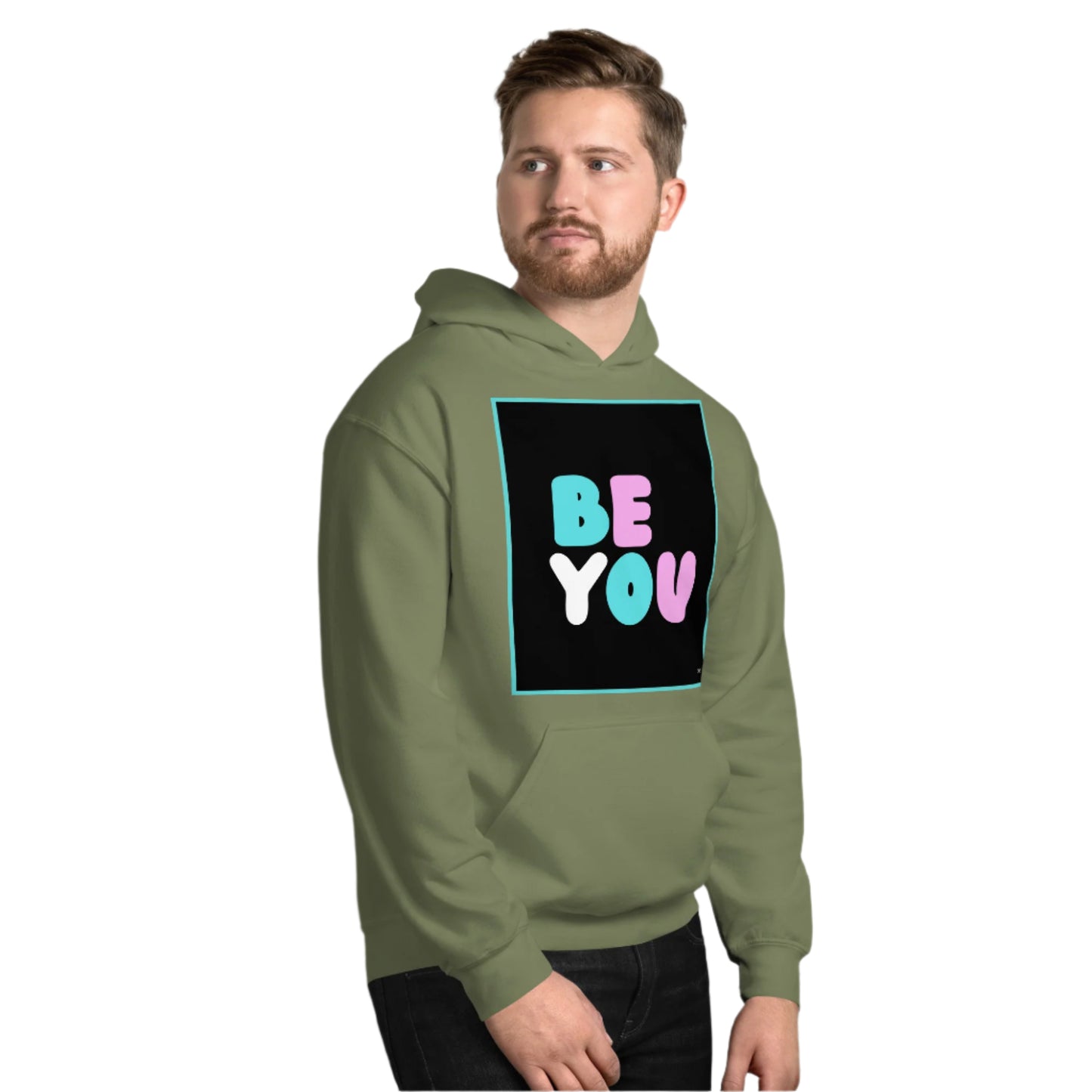 Man wearing the Be You T Unisex Hoodie in Military/Army Green (2 of 3) - The APWT Gift Shop